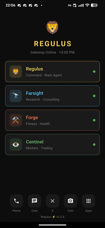Flutter launcher on Pixel 6 Pro showing all four agents