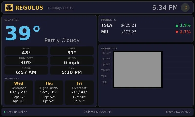 Pi 3 dashboard — weather, markets, schedule